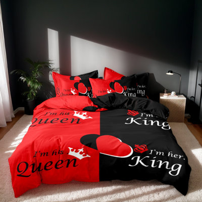 Ensemble de housse de couette en microfibre rouge et noire pour couples (lit king et queen), taille complète, 3 pièces avec 2 taies d'oreiller standard