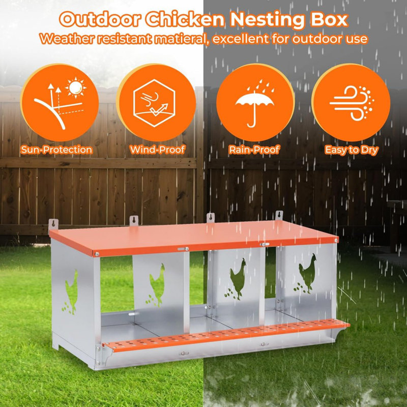 Boîte de nidification murale en métal à 3 baies pour poulets et canards, acier galvanisé avec trous de ventilation, finition orange, avec coussin en fibre de noix de coco