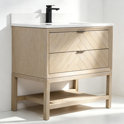  36" Freestanding Single Sink Solid Wood Natural Oak Bathroom Vanity with Engineered Marble Top