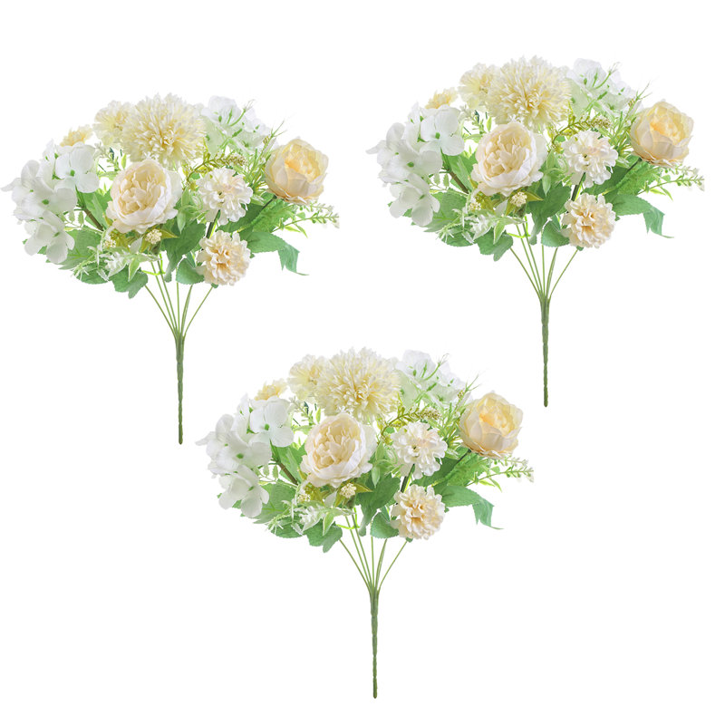 Ensemble de 3 bouquet de pivoines artificielles avec hortensias en soie et fleurs sauvages, Champange