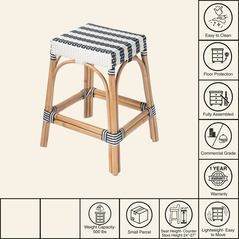 Robias Rattan Bar & Counter Stool, White/Navy Stripe/ Natural Rattan Frame, Counter Stool (24.5" Seat Height)