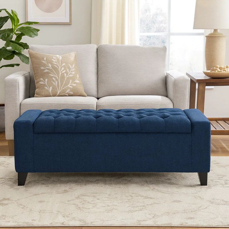 Banc de rangement avec repose-pieds, 51 po, tissu capitonné foncé bleu foncé