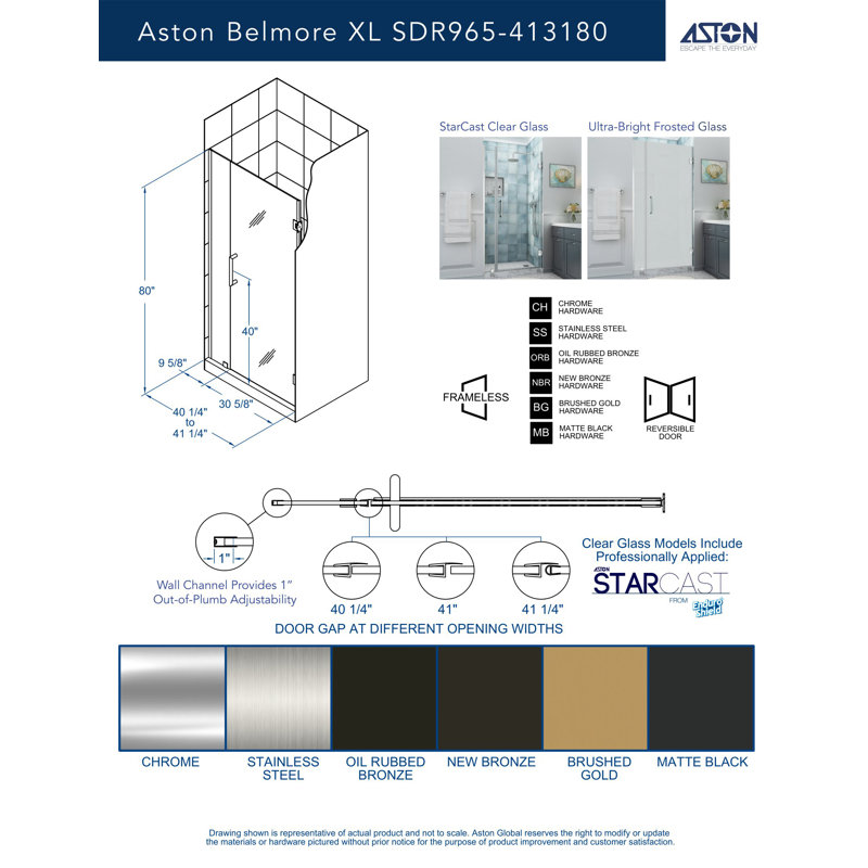 Belmore XL 40.25 - 41.25 in. W x 80 in. H Frameless Hinged Shower Door with StarCast Glass, Brushed Gold, Clear Glass