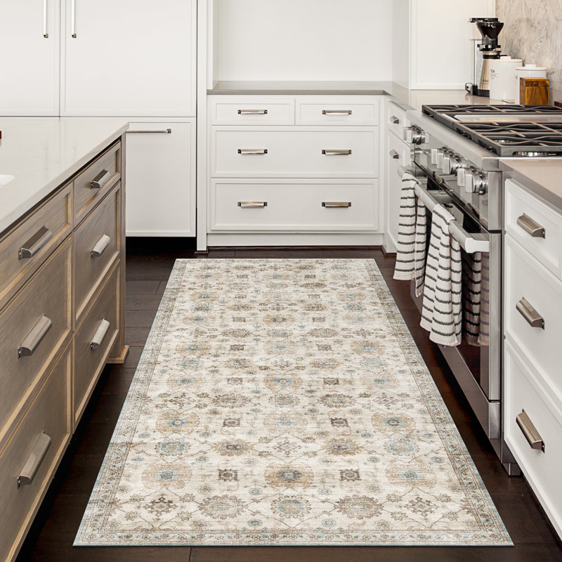 Tapis lavable à la machine Natashia Bryn, Rectangulaire 3 pi x 5 pi, Écume de mer, écume de mer