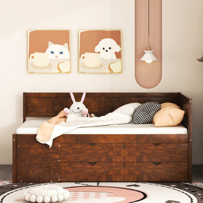 Lit de jour simple avec tiroirs et tablettes fonctionnelles en noyer chic - Chambre Glamour