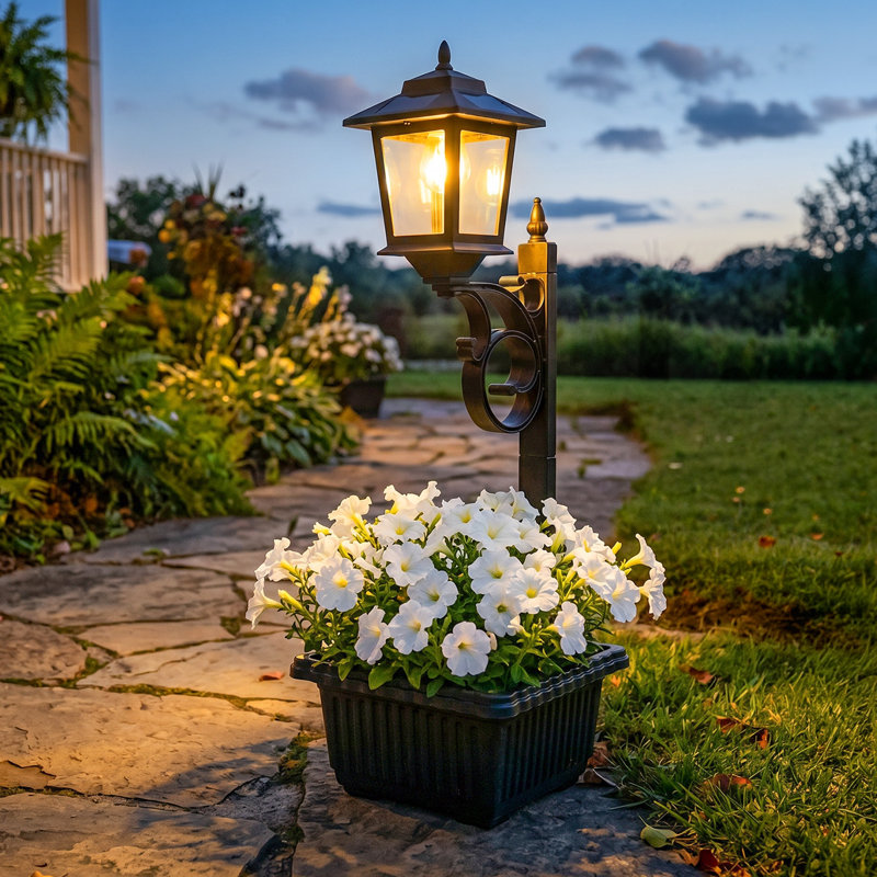 Pot à fleurs d'extérieur 2 en 1 avec lampadaire solaire, fixation murale ou autoportante