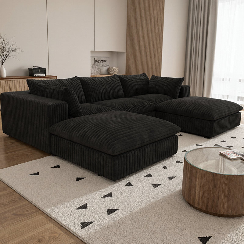 118.2" Modular Cloud Boneless U-Shaped Sectional Sofa Corduroy Fabric Deep Seat Couch with 2 Ottoman, Double-Layer Sponge Support, No Assembly DIY Combination for Living Room