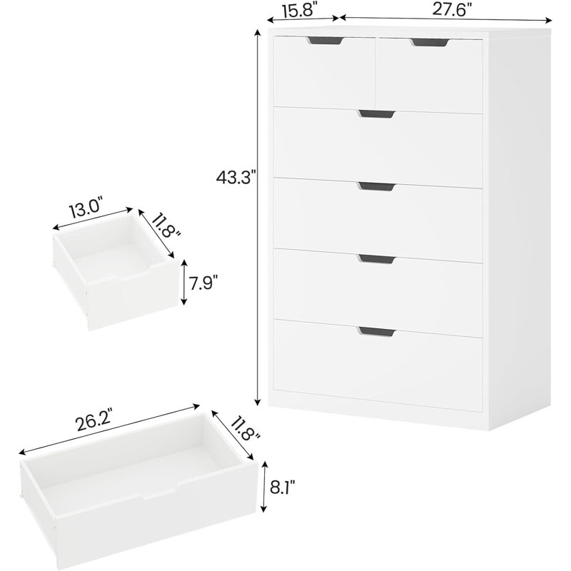 Commode 6 tiroirs pour chambre à coucher, Blanc