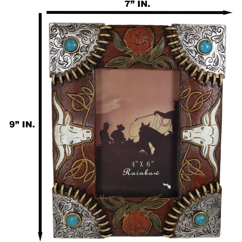 Cadre photo rustique Western Longhorns argenté Conchos Turquoise Gems