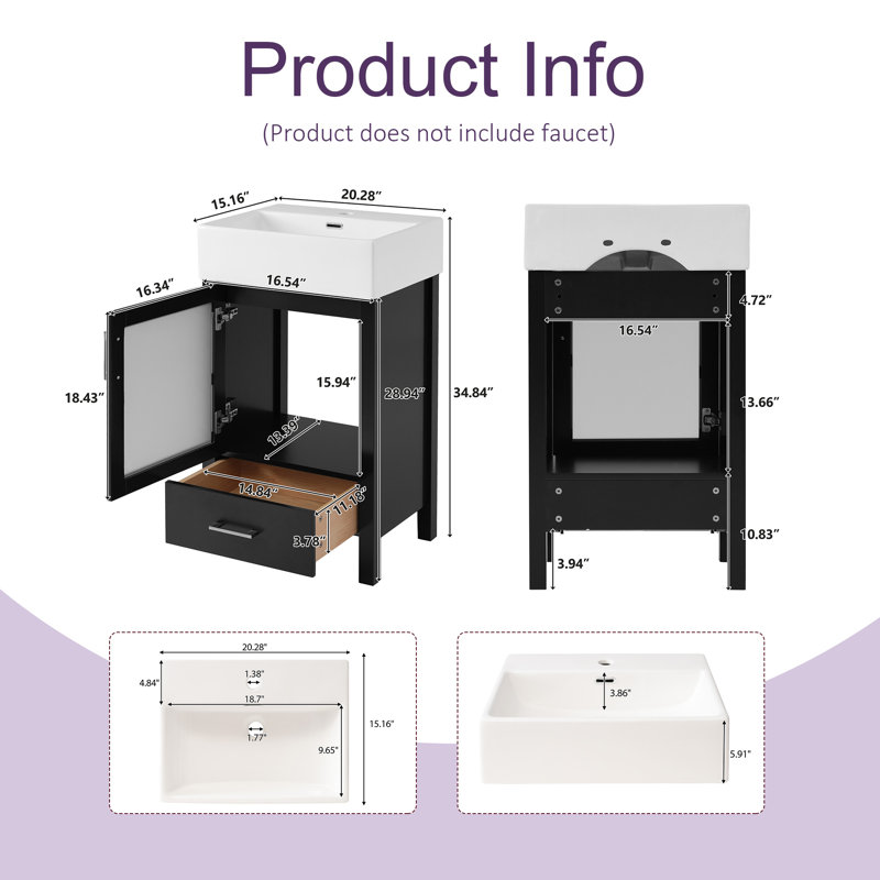 20" Bathroom Vanity With Ceramic Sink & Ample Storage – For Small Spaces‌, Black