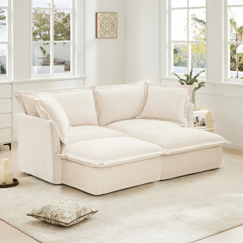Canapé contemporain 2 places avec 2 repose-pieds, Crème, crème