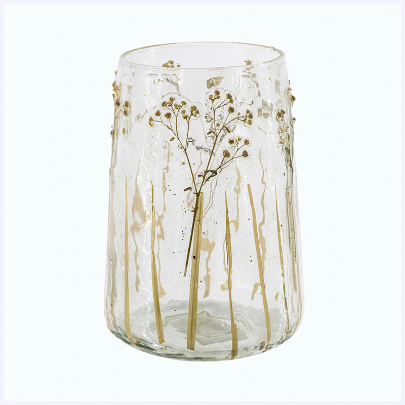 Vase en verre transparent de 9,5 po de hauteur avec motifs botaniques verts, vase décoratif à motif de plantes