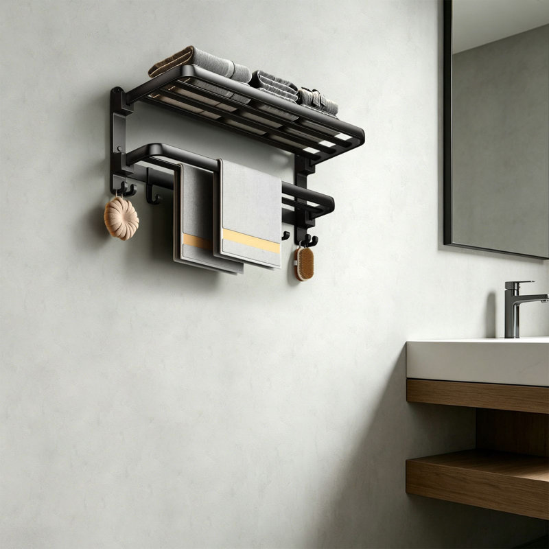 Tablette de salle de bain pliable, porte-serviettes mural, Noir