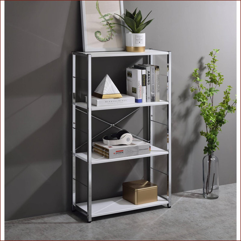 Bibliothèque, cadre minimaliste moderne ivoire blanc chrome à 4 niveaux, 22 x 9 x 13 H | Blanc | Métal