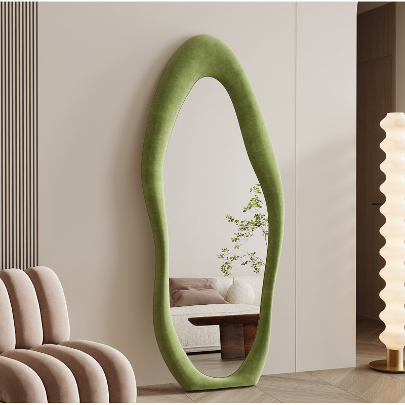 Full Length Mirror 63"X24", Irregular Wavy Mirror, Arched Floor Mirror, Wall Mirror Standing Hanging Or Leaning Against Wall For Bedroom, Flannel Wrapped Wooden Frame Mirror
