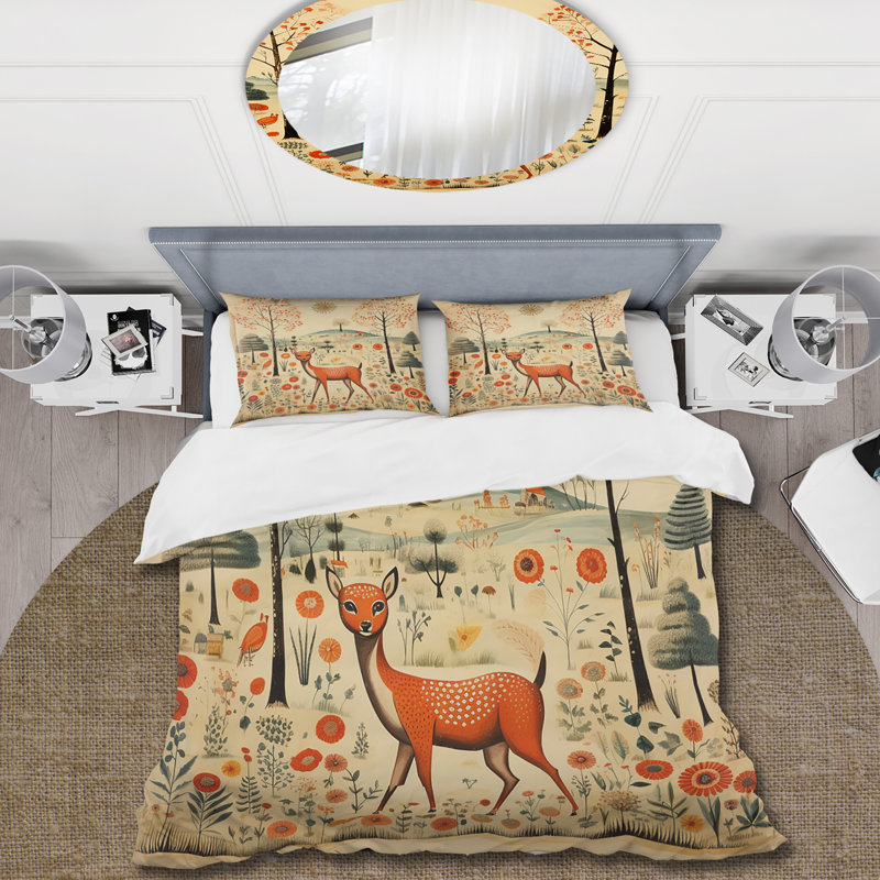 Ensemble de housse de couette rétro à motif cerf orange et vert, Housse de couette pour lit simple