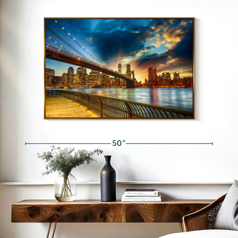 Spectaculaire coucher de soleil à Manhattan, Cadre flottant doré, 40 po x 27 po