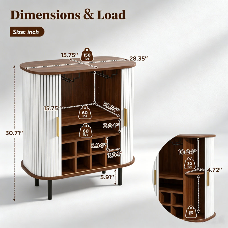 Modern Farmhouse Bar Cabinet with Wine Rack & Glass Holder,  Kitchen Sideboard with Storage, White/Walnut