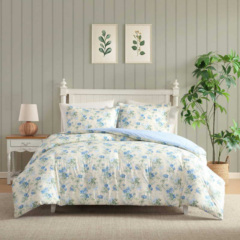 Ensemble de couette réversible en coton imprimé Laura Ashley, Édredon pour grand lit + 2 taies décoratives, Motif floral bleu