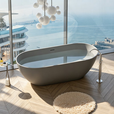 59" x 30" Freestanding Soaking Solid Surface Bathtub Stone Resin Bath Tub with Overflow and Pop-up Drain for Contemporary Bathroom, Matte Gray