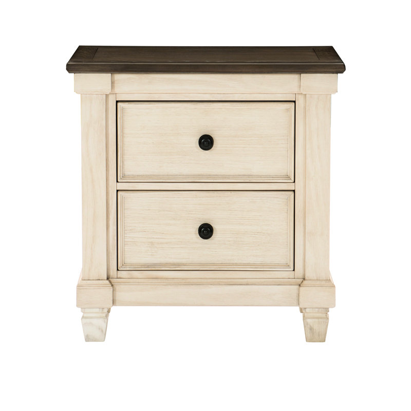 Table de chevet à 2 tons avec 2 tiroirs en blanc antique et brun Rosy, Blanc antique / brun