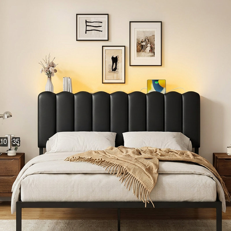 Full Size PU Upholstered Headboard with LED Lights, Adjustable Height for 8-14 Inch Mattresses, Metal Legs, Full, Black