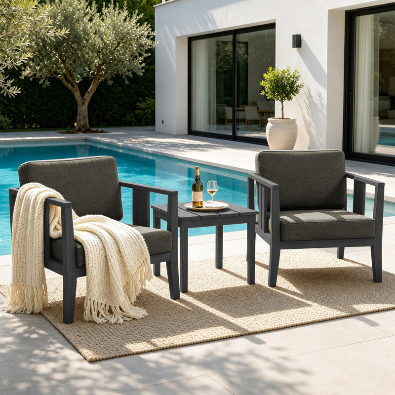 Junco Teak Outdoor Two-Person Patio Set With Cushions And Side Table, Dark Gray, Black