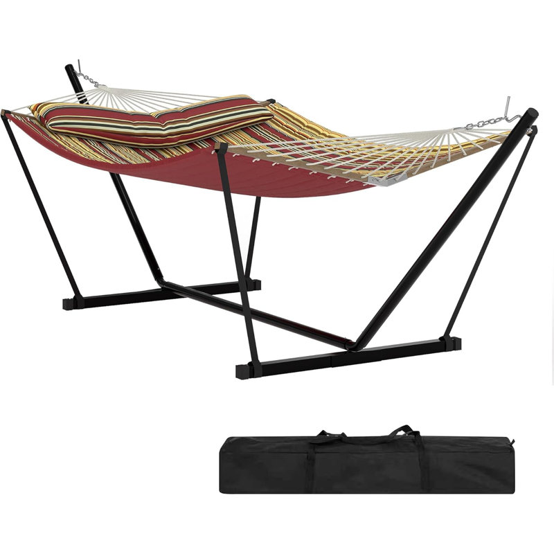 Double Hammock with Stand, 204KG Capacity Heavy Duty Hammock with Quilted Net, Detachable Pillow & Storage Bag, Portable for Patio, Pool, Garden and Camping