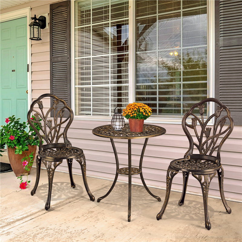 3 Piece Patio Bistro Table Set with Umbrella Hole, Bronze