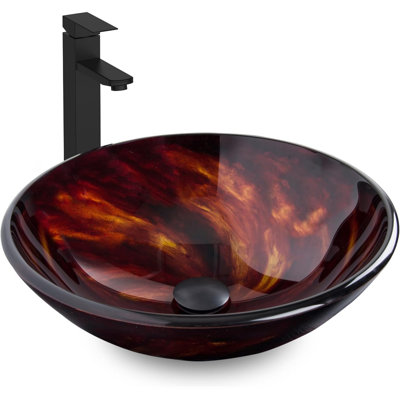 Bathroom Artistic Vessel Sink, Tempered Glass Vanity Round Bowl With Black Faucet And Pop Up Drain Set, Flame Red