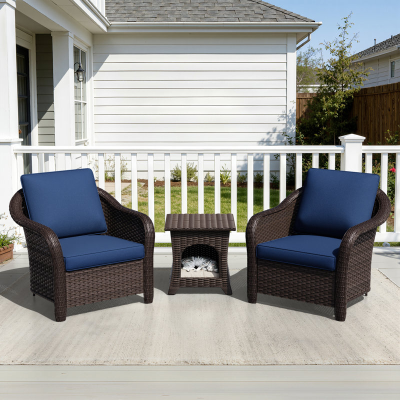 Ensemble de patio 3 pièces en osier avec table pour animal de compagnie intégrée, Blue
