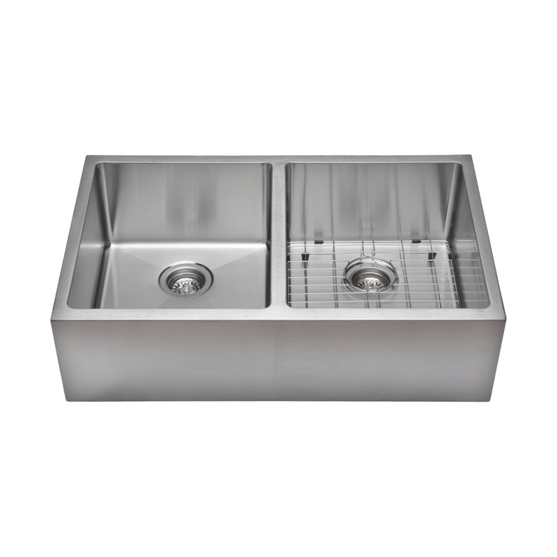 Évier de cuisine à double cuve campagne à double cuve avec souches et grilles de panier 33 po x 19 po Chef's Series