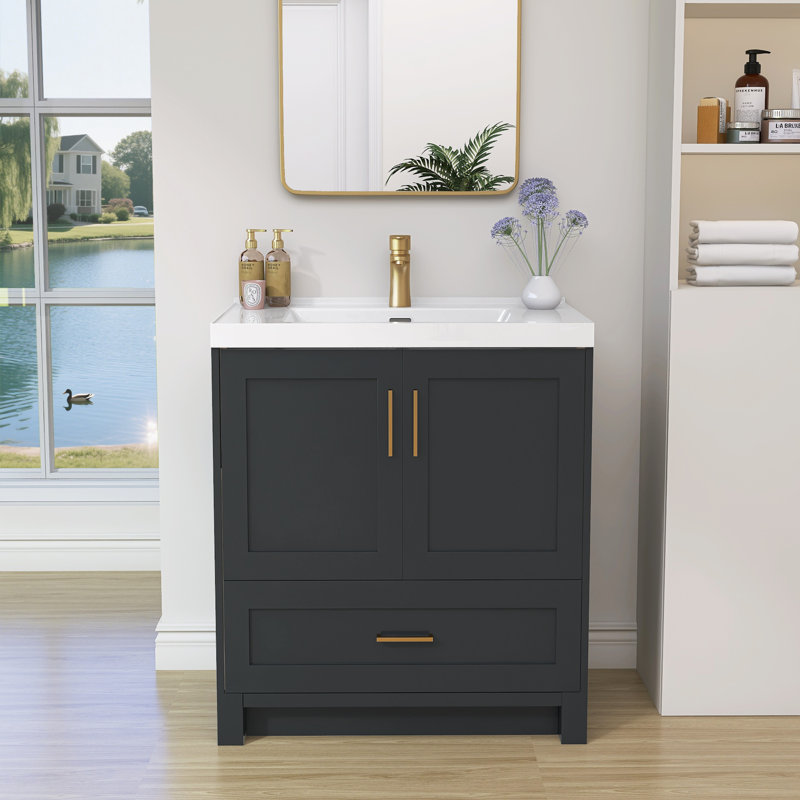 30 Inch Solid Surface Bathroom Vanity Top with Integrated Single Sink, Bright White 2" Thick Countertop, Raised Edge & Backsplash