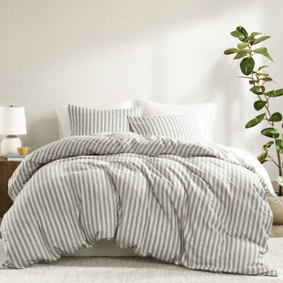Couette pour très grand lit 3 pièces brun clair - Lin naturel, coton et rayonne, peau, look sophistiqué, attaches de coin toutes saisons, combinaison de rayonne de lin, coffre-fort confortable, rayure intemporelle pour la décoration de la chambre à coucher
