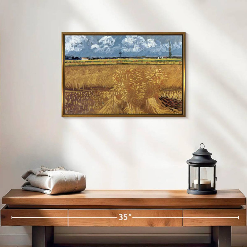 Champ de blé avec réas, Cadre flottant doré, 19 po x 13 po