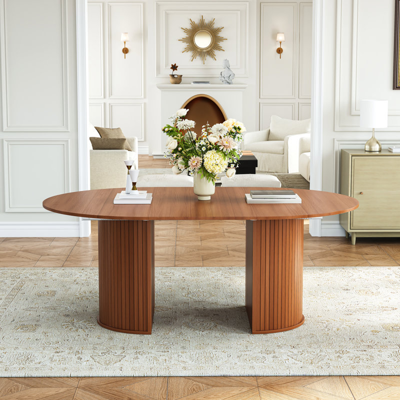 Expandable Dining Table, 45" To 105" With Vertical Fluted Double Pedestal Base, 4 Adjustable Lengths, Seats 2-10, Modern Farmhouse Kitchen Table