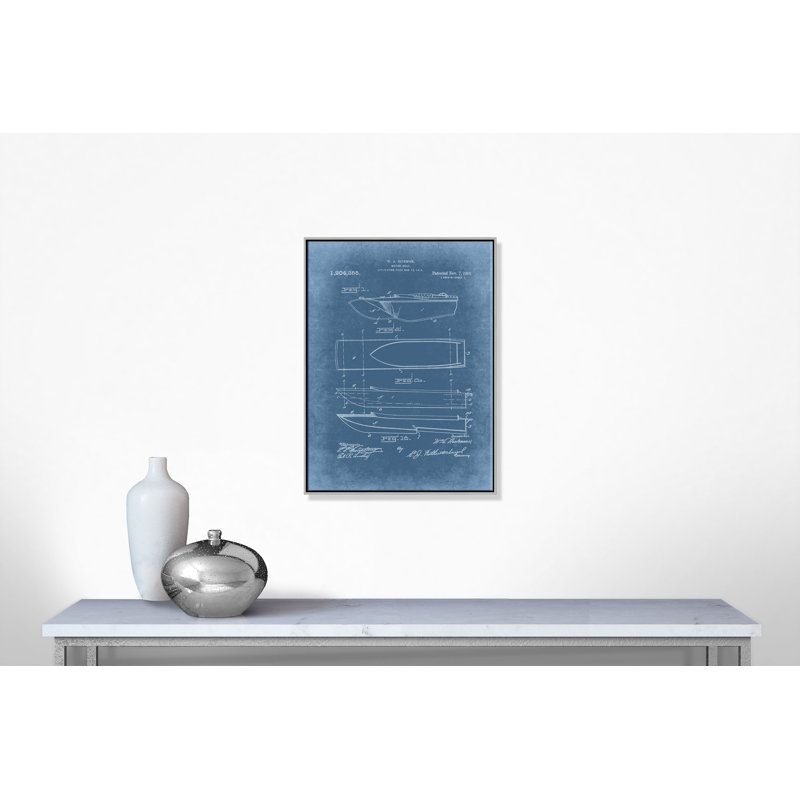 «Boat 2 Blueprint - Blue - Floater Frame», impression sur toile, Cadre argenté, H 40 po x l 30 po x P 2 po