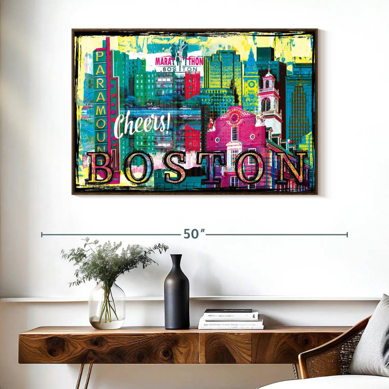 Repères grunge de Boston City, Cadre flottant noyer, 40 po x 27 po