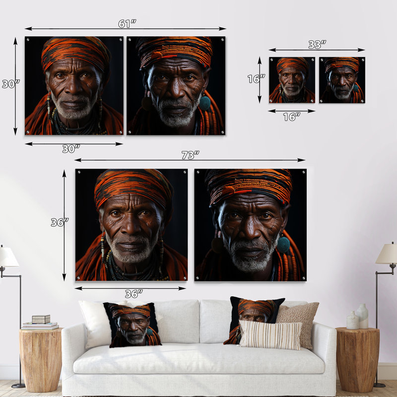 Portrait de chef tribal ébène - ensemble de 2 peintures murales en acrylique tribal africain, H 36 po x l 73 po