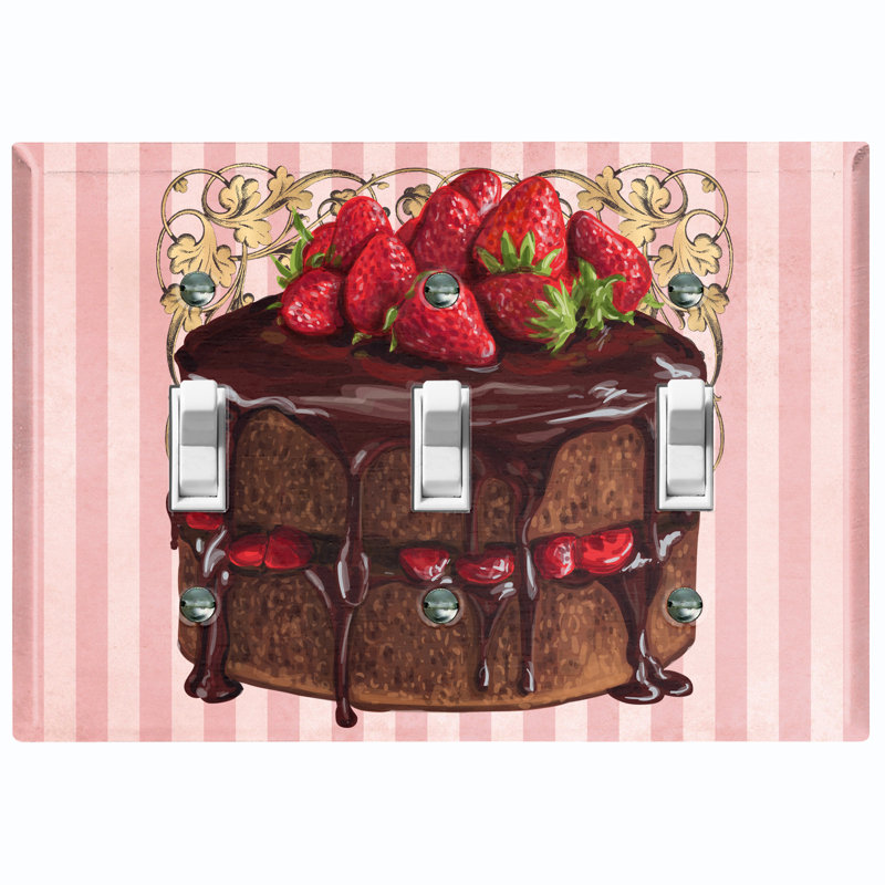 Metal Light Switch Plate Outlet Cover (Strawberry Layered Chocolate Cake Pink Frame Stripes - Single Toggle)