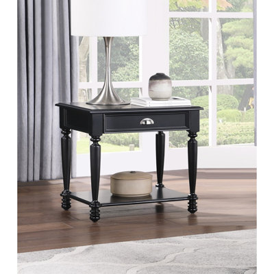 Table de bout en bois avec finition noire, tiroir et tablette pour salon traditionnel de style classique