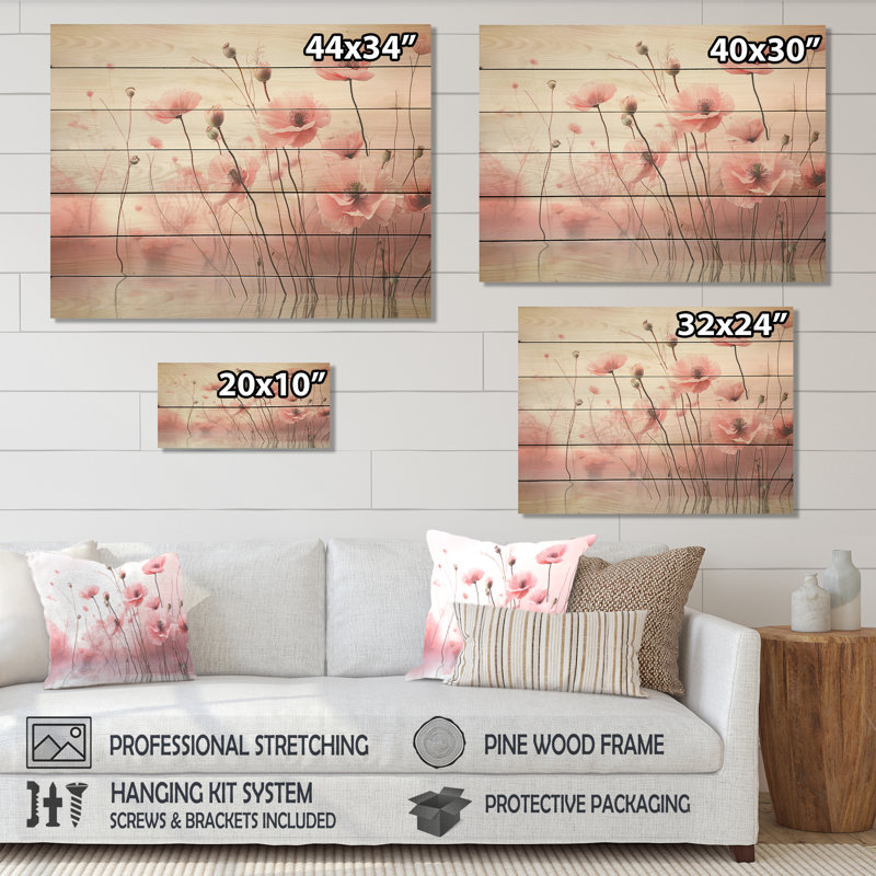 «Pink Dawns Blush Pink Poppies Awakening» - Impression de coquelicots sur bois, H 30 po x l 40 po
