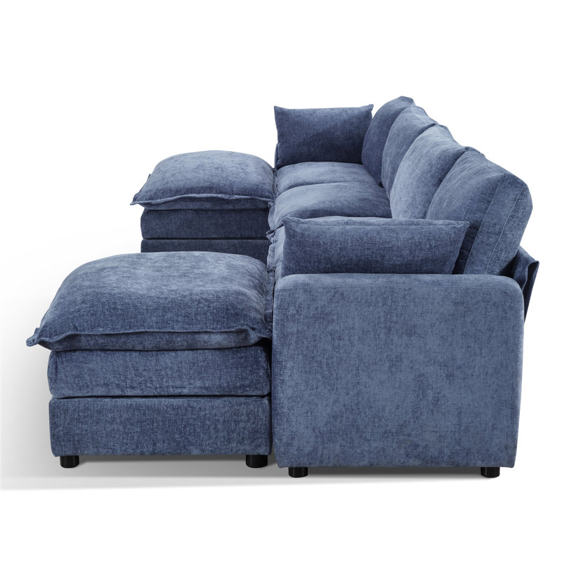 Ensemble modulaire 4 pièces en chenille avec 2 repose-pieds avec rangement, Chenille bleu