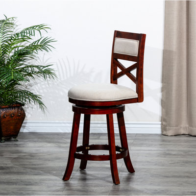 24" Counter Height Swivel Stool, Cherry Finish, Beige Fabric, Look Stool In Cherry, Fabric Seat, Fashionable Seating Option