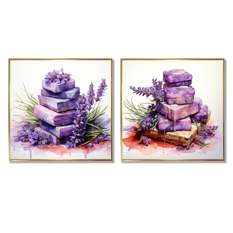 Mauve lavande Batjhroom I - ensemble de 2 décorations murales lavande, Encadrement doré, H 30 po x l 61 po x P 1 po
