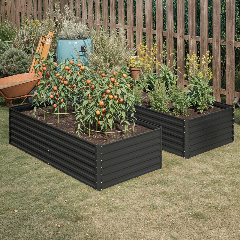 Set of 2 Metal Raised Garden Bed, 180x90x54cm, 58cm H x 180cm W x 90cm D, Black
