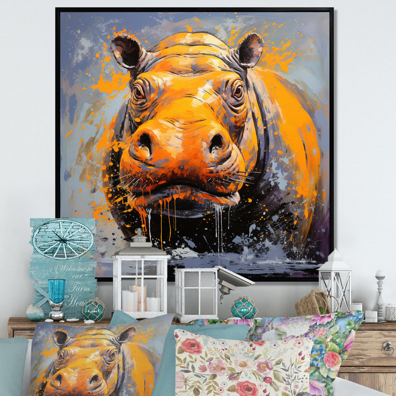 Art mural jaune hippopotame jaune - Hippopotame, Cadre flottant noir, 16" H x 16" W