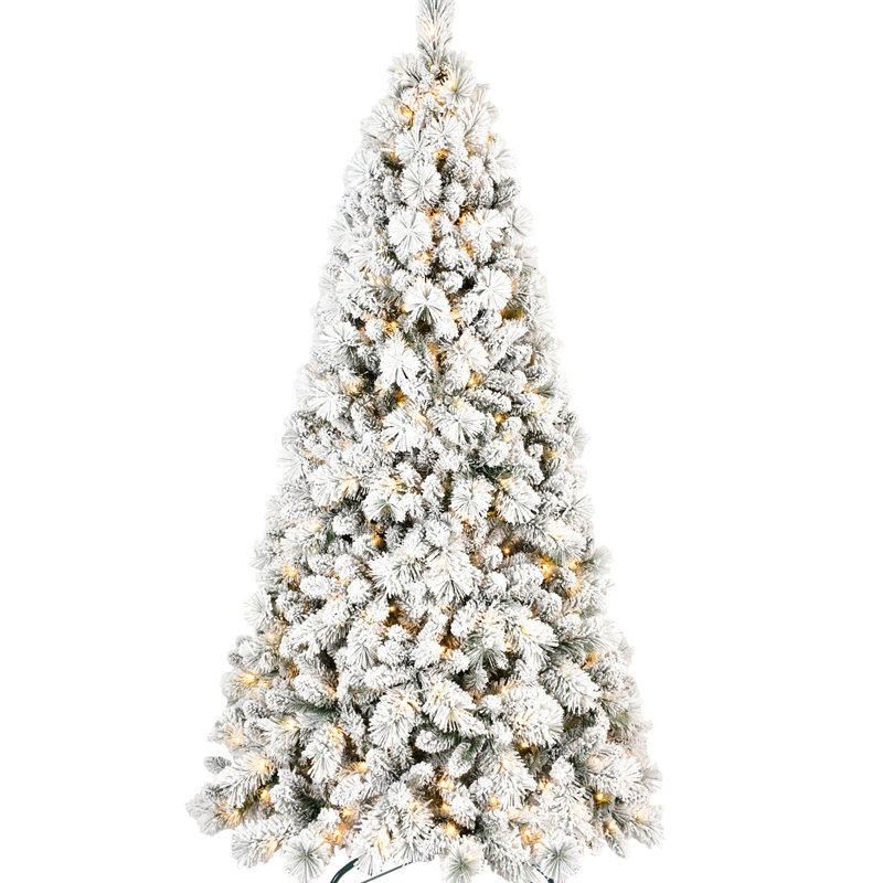 Arbre de Noël enneigé de 84 po avec 450 flocons de neige blanc chaud, 1060 pointes de branches réalistes et branches à aiguille dure, méthode d'installation facile à charnière, arbre en métal robuste de 7 pi, lumières, pleine neige