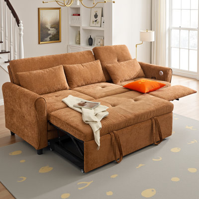 82" 2-in-1 Chenille Sofa with Pull-Out Bed & Reversible Recliner - 3-Position Adjustable Backrest, USB Ports, 330 lb Capacity