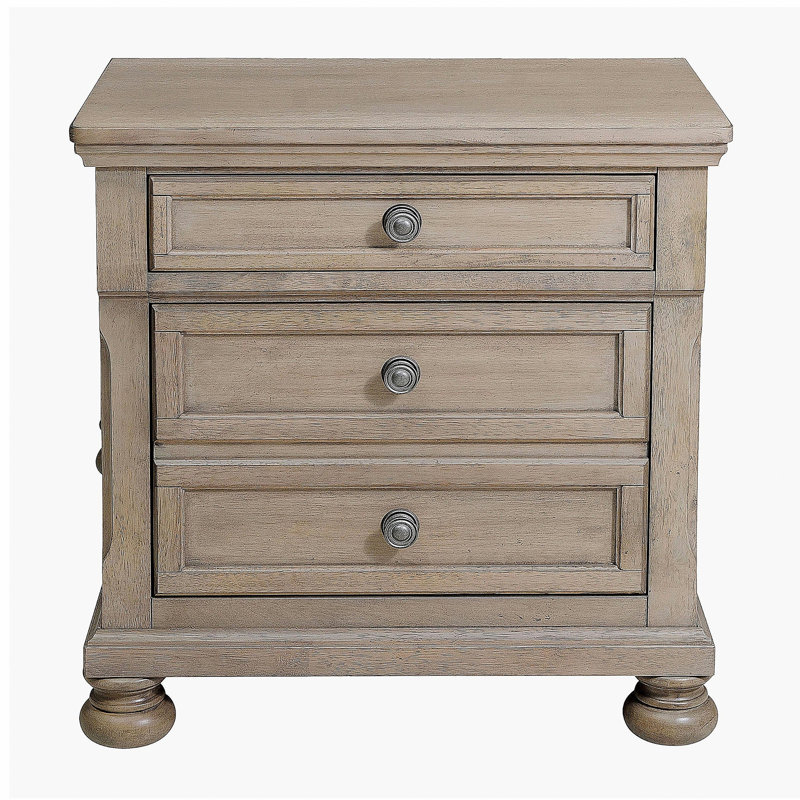 Table de chevet transitionnelle avec tiroir caché, table de chevet en vernis gris délavé et placage de bois
